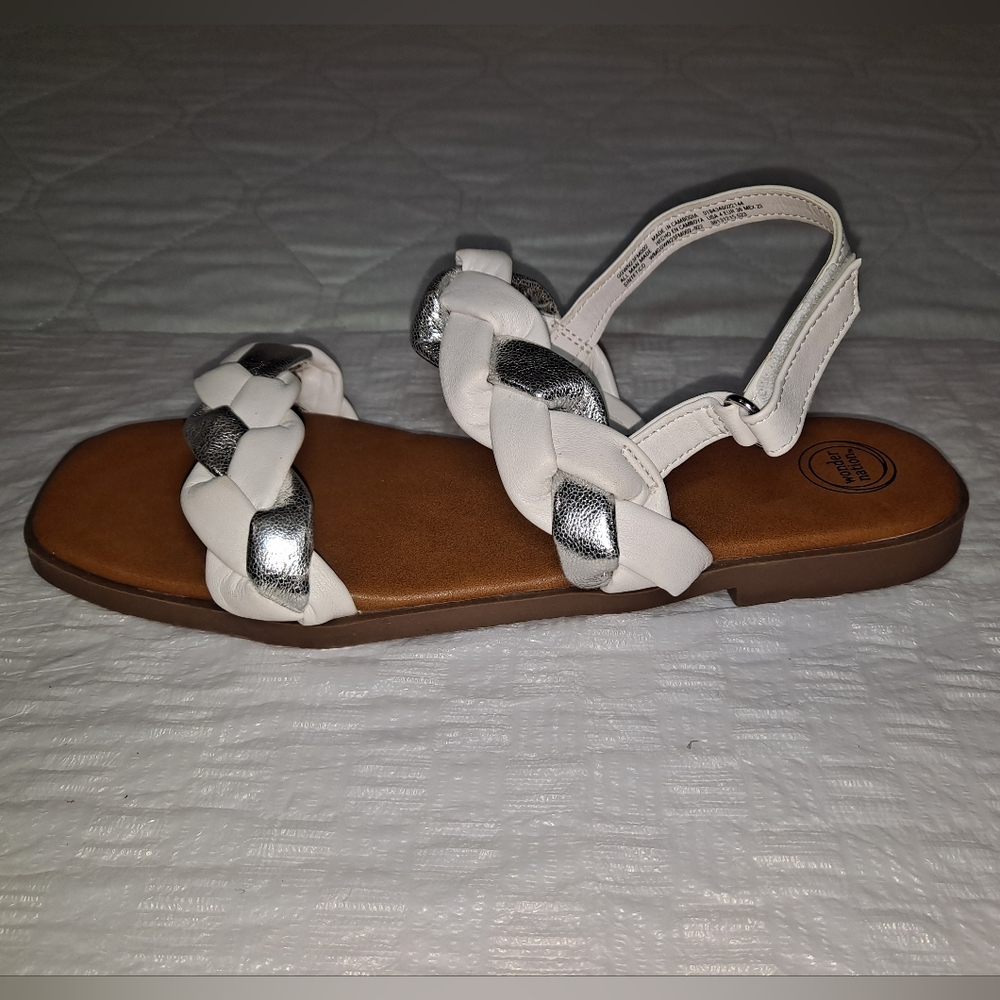White and Silver Braided Sandals Girl's 4 Wonder Nation Adjustable Ankle Straps